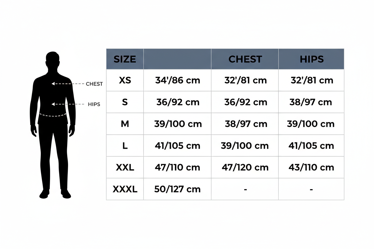 Men’s
XS                 -     Chest: 34”/86 cm              -   Hips: 32”/81 cm
 
S                   -     Chest: 36”/92 cm               -   Hips: 36”/92 cm
 
M                 -     Chest: 39”/100 cm            -   Hips: 38”/97 cm
 
L                   -     Chest: 41”/105 cm            -   Hips: 39”/100 cm
 
XL                 -     Chest: 43”/110 cm             -   Hips: 41”/105 cm
 
XXL              -     Chest: 47”/120 cm            -   Hips: 43”/110 cm
 
XXXL            -     Chest: 50”/127 cm     